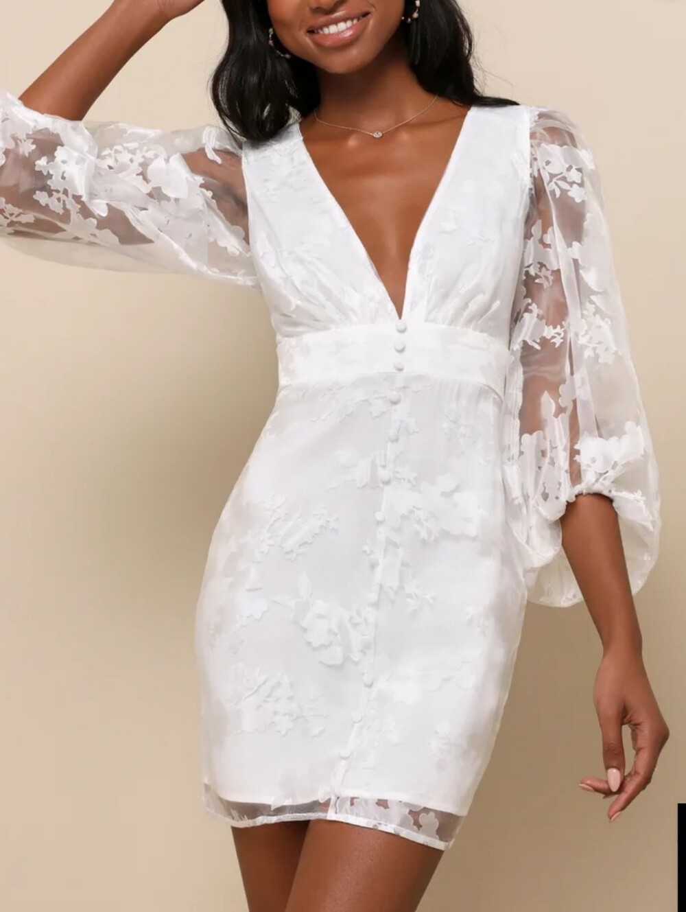 Lulus Dress Large White Mini Floral Burnout Balloon Sleeve Bridal Bride